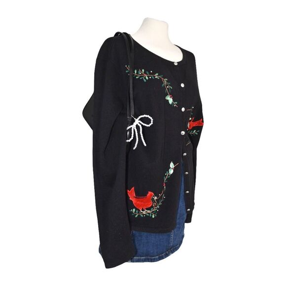 Vintage 90s Classic Elements Grandma Black Cardigan Birds Sz 22 XL - Picture 3 of 7